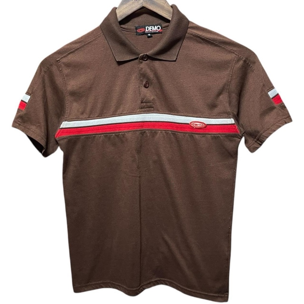 vintage 90s 2000s Y2K demo short sleeve brown red white striped work polo shirt